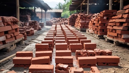 Drying process of red clay bricks in a brick kiln yard ready for firing under natural sunlight with scattered smoke in the background
