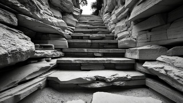 Stunning black and white staircase crafted from natural sedimentary rock and limestone highlighting textures and patterns in a serene setting.