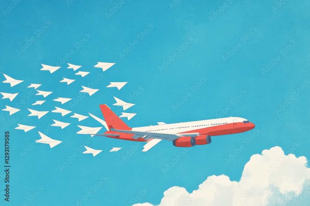 Poster red and white airplane leading a formation of paper planes in blue sky symbolizing leadership and di