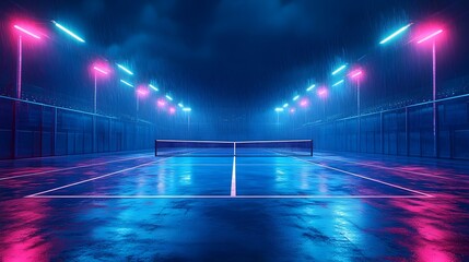 Futuristic Tennis Court at Night with Neon Stadium Lights Video Game Art