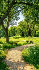 Obraz premium Sunny path, benches, green trees, wildflowers.