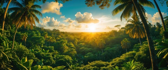 Tropical jungle panoramic view at sunset with vibrant greenery and clear sky ideal for text overlay or promotional material.