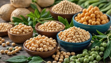 Variety of soybeans in wooden bowls surrounded by green leaves highlighting the versatility and health benefits of soy in different industries.