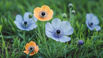 Anemone Flowers in Soft Pastel Colors Surrounded by Lush Green Grass with Space for Textual Elements or Design Overlay