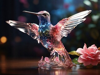 "Elegant Glass Hummingbird &ndash; Stunning Crystal Bird Art with Roses"
