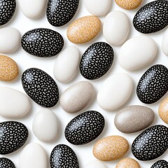 Assorted Oval Candies with Speckled Pattern on White Background