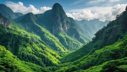 Obraz premium Majestic green mountains under a clear sky showcasing lush vegetation and serene landscape after the rainy season. Nature's vibrant beauty.