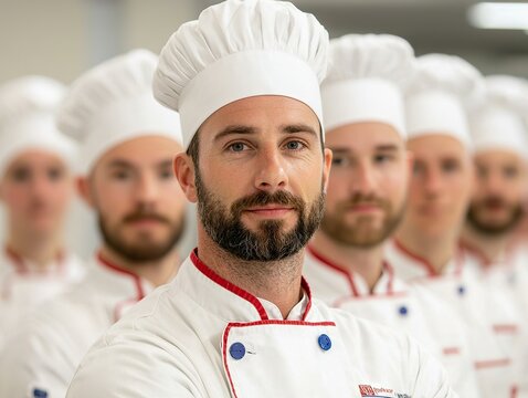 Culinary masterclass showcasing chefs in uniform culinary school portrait photography indoor professional skills
