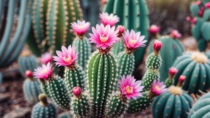 Vibrant Cacti Blooming with Pink Flowers Against Blurred Background and Space for Text or Design Elements
