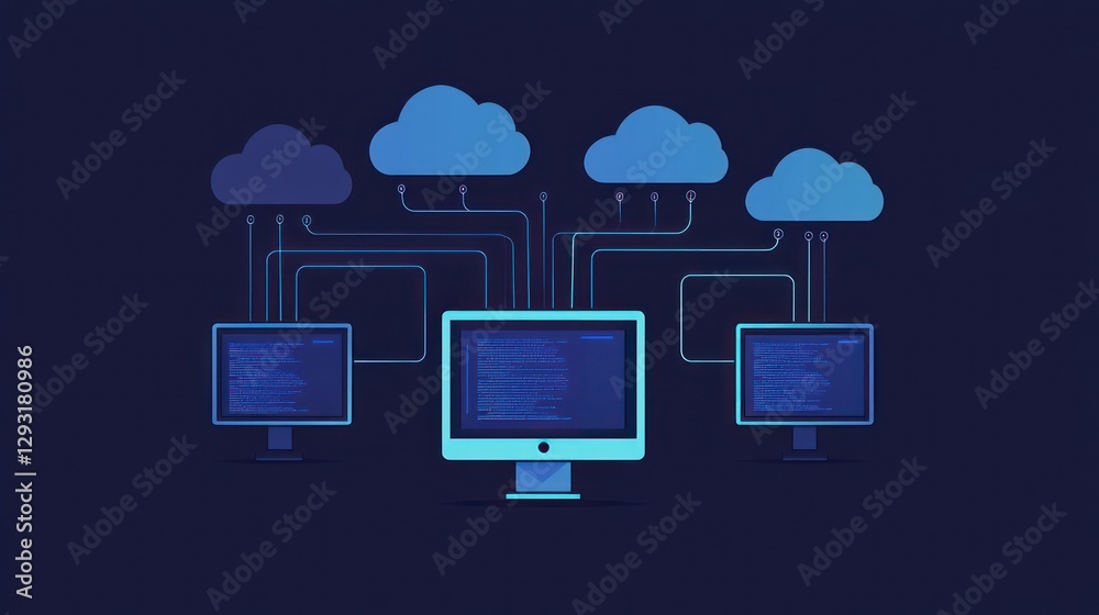 Poster cloud computing network with computers and cloud storage illustration
