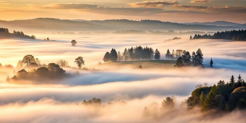 Fototapeta premium A dense layer of thick white fog or haze envelops a serene landscape with rolling hills and towering trees at dawn or dusk, atmospheric conditions, fog