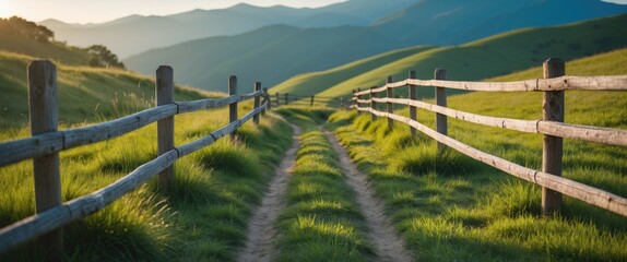 Fototapeta premium Scenic Grassy Pathway Between Wooden Fences Surrounded By Lush Green Hills Under Morning Light With Blue Mountains In The Background
