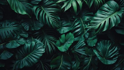Fototapeta na wymiar Dense tropical foliage with rich dark greens creating a moody natural background ideal for design and botanical themes.