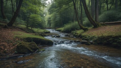 Obraz premium Tranquil Stream Flowing Through Lush Green Forest Surrounded by Mossy Rocks and Vibrant Trees on a Calm Overcast Day