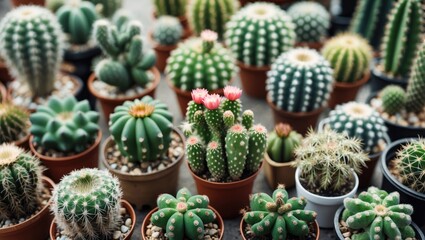 Diverse collection of small cactus plants in pots with empty space for your text or message on a bright background.