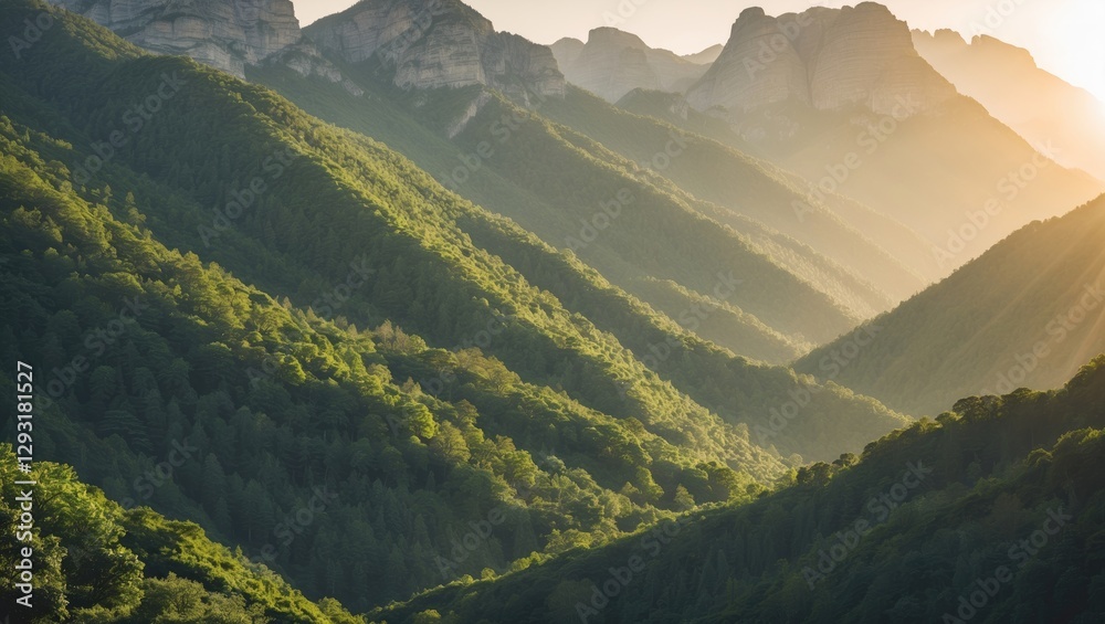 Wall mural sunlight filtering through lush green forested mountains creating serene landscape with room for tex