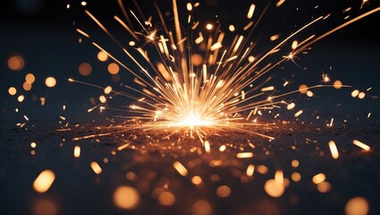 Dynamic display of bright sparks scattering in a dark environment with soft bokeh background effect showcasing energy and illumination.
