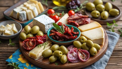 Spanish Tapas Platter Featuring Green Olives, Dried Tomatoes, Assorted Cheeses, and Charcuterie with Space for Text Overlay