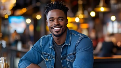 Fototapeta premium A man with short hair, wearing a denim jacket, is smiling while sitting in a lively indoor setting. Concept Casual Indoor Vibe, Denim Style, Natural Smiles, Comfortable Atmosphere, Short Hair Fashion