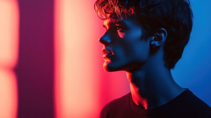 Profile Portrait of a Young Man in Red and Blue Dramatic Lighting