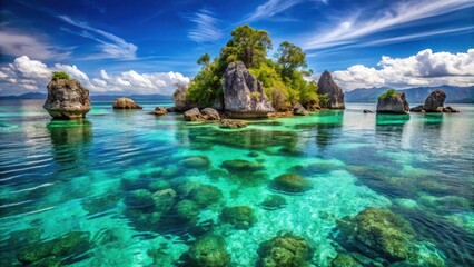 Ancient stones rise from turquoise ocean depths amidst tropical island scenery in Indonesia, beach