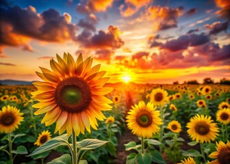 Fototapeta premium Miniature Sunflowers & Sunset: Vibrant Tilt-Shift Landscape Photography