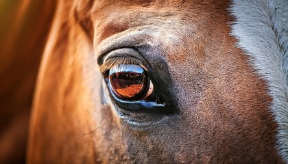 Striking Detail of a Brown Horses Eye, Revealing the Soulful Expression of a Majestic Steed Immersed in Natures Tranquil Environment, Captured in an Instant.