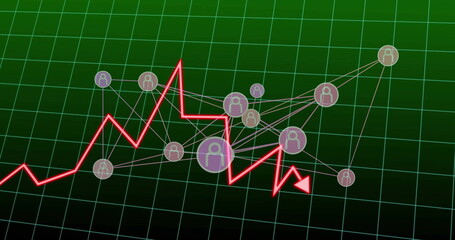 Image of financial data processing and network of connections on green background