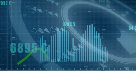 Image of financial data processing and scope scanning on blue background