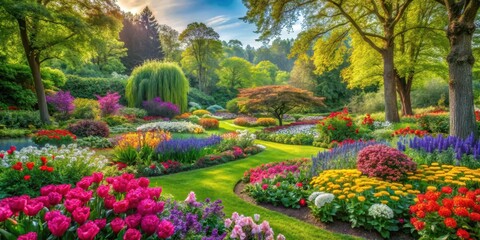 Vibrant garden with colorful flowers in bloom, surrounded by lush greenery and towering trees, showcasing a kaleidoscope of colors and textures, flowering plant, nature's beauty