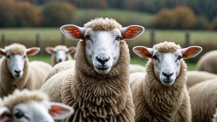 Obraz premium Sheep Grazing Together in a Lush Green Field with Scenic Background on a Peaceful Day