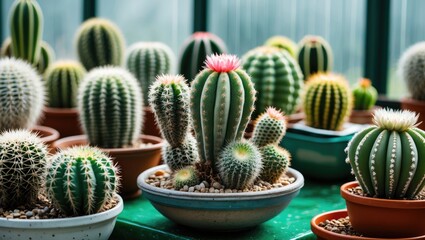 Variety of Small Colorful Cacti in Cultivation Bowls Within a Lush Greenhouse Environment