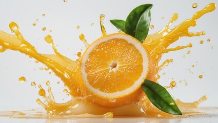 Dynamic splash of fresh orange juice with slice and leaves on white background showcasing vibrant citrus essence and refreshing visuals.