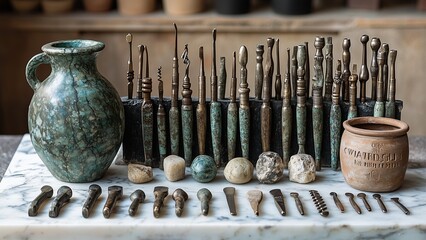 a meticulously arranged collection of ancient artifacts, including dental tools, carved seals, and pottery, showcasing intricate craftsmanship and historical significance from an ancient civilization