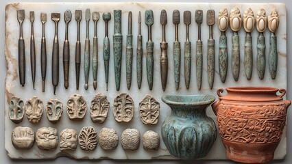 a meticulously arranged collection of ancient artifacts, including dental tools, carved seals, and pottery, showcasing intricate craftsmanship and historical significance from an ancient civilization