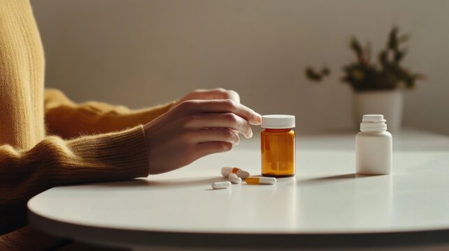 A person examining obesity drug bottles while sitting at a desk. Featuring health responsibility and empowerment