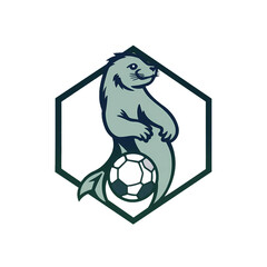 A sealion playing football, forming the core of a geometric, clean-lined logo, balanced and symmetrical, with a blurred bokeh effect and sharp focus against a soft background