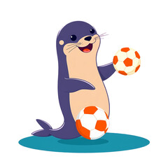 A playful sealion, rendered in a modern flat design with vibrant, complementary colors, is depicted playing football. The image features contrasting colors, balanced tones, and simple, two-dimensional