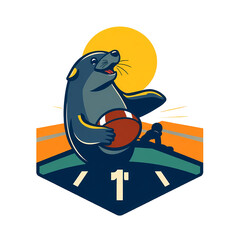 A stylized logo featuring a playful sea lion engaging in a football game, bathed in warm golden hour light, rendered in geometric shapes with clean lines, emphasizing balance and symmetry