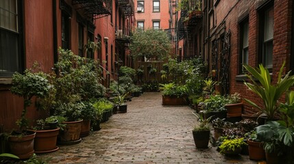 Fototapeta premium Green Oasis in Urban Alleyway Transformed with Plants