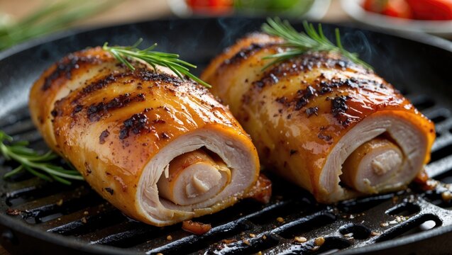 Roasted Chicken Rolls Garnished with Fresh Herbs on a Grill Pan Delicious Meal Preparation Concept
