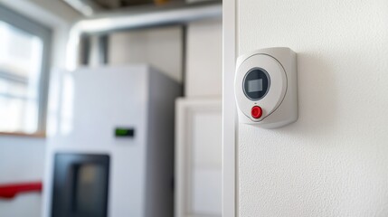 Carbon monoxide sensor near a gas boiler in a utility room. Featuring vigilance and protection