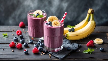 Berries and Banana Smoothies on Dark Wooden Table Garnished with Fresh Fruits and Copy Space for Text