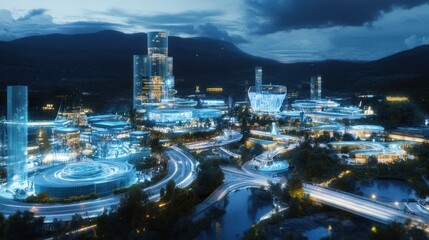 Fototapeta premium Futuristic city night skyline, illuminated buildings, mountain backdrop, transportation, architectural design