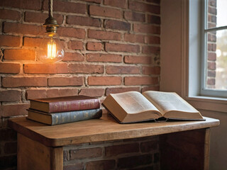 An open book with slightly curled pages rests on a smooth, wooden shelf.