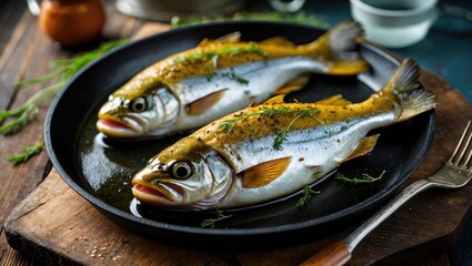 Baked Trout Dish with Fresh Herbs Served on Rustic Plate for Culinary Presentation