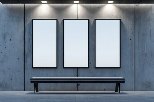An abstract subway scene with a concrete glossy floor, showcasing a 3D rendering of three blank white posters in black frames on a grey wall