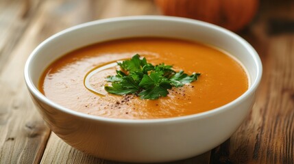 Creamy Pumpkin Soup Garnished with Fresh Herbs in a White Bowl