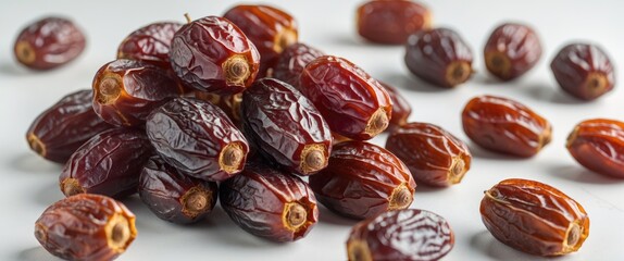 Fresh and Dried Tunisian Dates Piled on White Background Sweet Naturally Healthy Snack Ideal for Breakfast or Celebrations