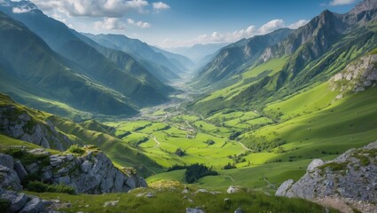 Breathtaking panoramic view of a verdant valley surrounded by majestic mountains under a clear blue sky showcasing nature's beauty.